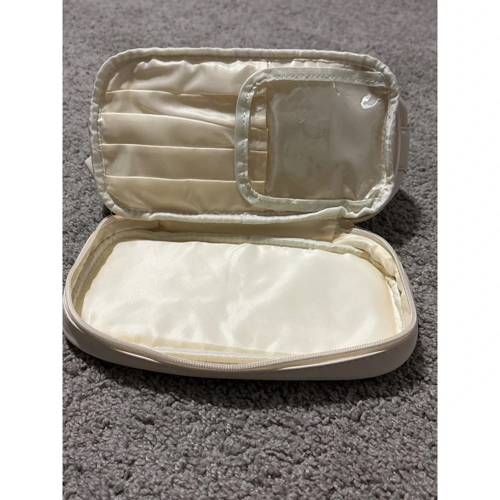 N Initial Cream synthetic Leather Cosmetic  Bag Gold Tone Hardware Makeup Case